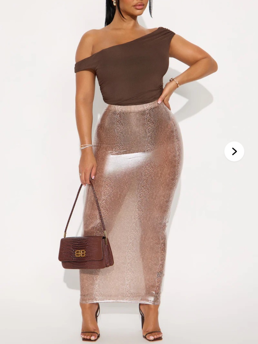 Sleek Metallic Brown High-Waist Midi Skirt